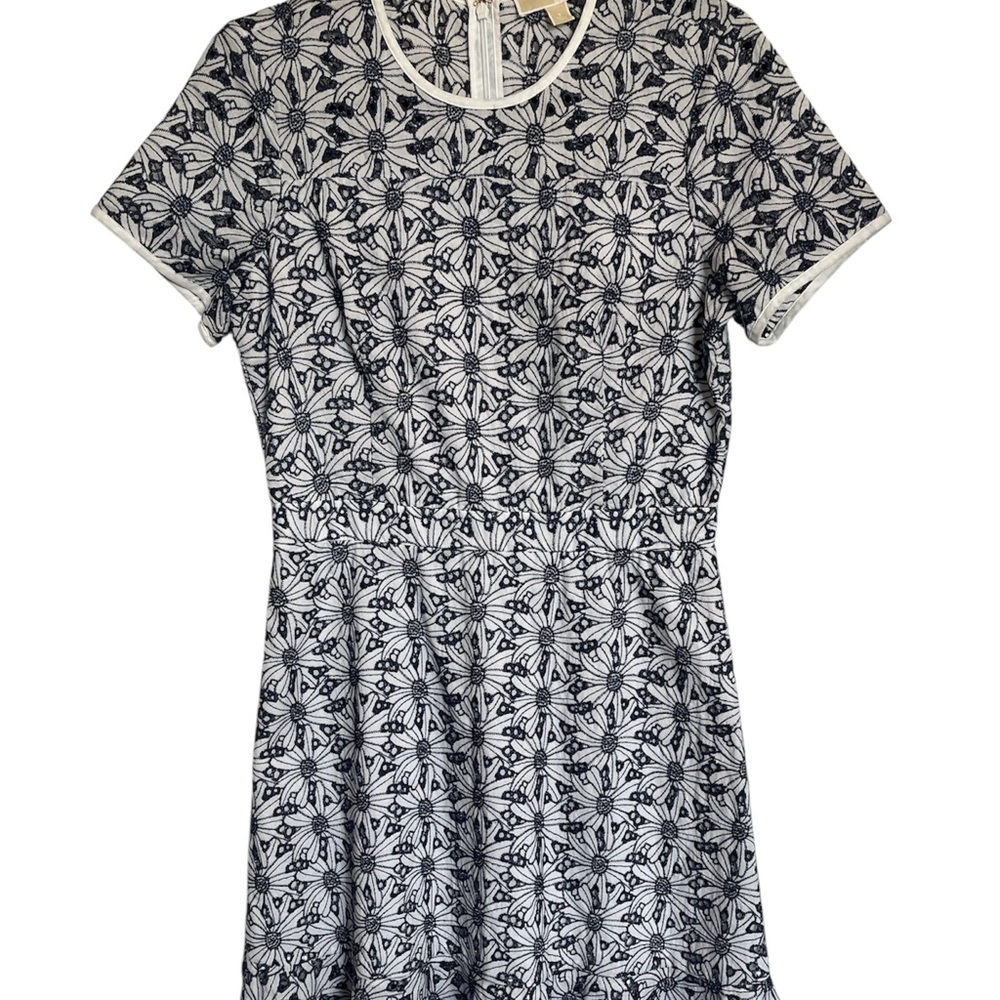 Michael Kors Womens Sz 8 Navy and White Midi Embroidered Floral Zip Up Dress.